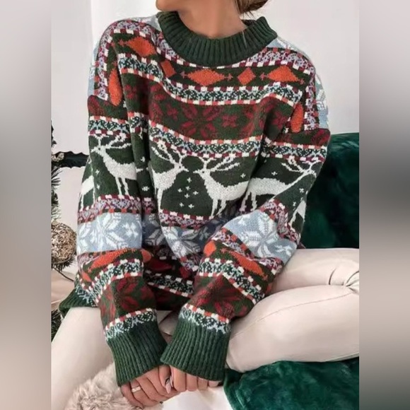 Geometric Round Neck Dropped Shoulder Sweater - Picture 7 of 11